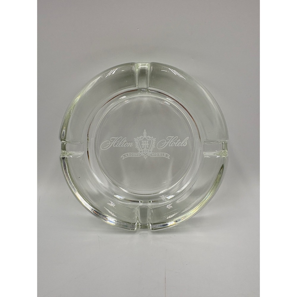 Hilton Hotels Ashtray Clear Good Vintage Etched Glass Logo World